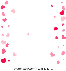 Pink Hearts Random Falling on White Background. Valentine's Day Pattern. Romantic Scattered Hearts Design Element. Love. Sweet Moment. Gift. Wedding. Anniversary, Birthday. Vector Illustratuion.