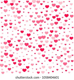 Pink Hearts Random Falling on White Background. Valentine's Day Pattern. Romantic Scattered Hearts Cute Texture. Love. Sweet Moment. Cards, Banners, Posters, Flyers, Sales, Brochure, Wallpaper.