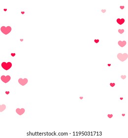 Pink Hearts Random Falling on White Background. Valentine's Day Pattern. Romantic Scattered Hearts Design Element. Love. Sweet Moment. Gift. Wedding. Anniversary, Birthday. Vector Illustratuion.