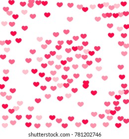 Pink Hearts Random Falling on White Background. Valentine's Day Pattern. Romantic Scattered Hearts Cute Texture. Love. Sweet Moment. Gift. Wedding. Anniversary, Birthday. Vector Illustratuion.