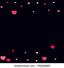 Pink Hearts Random Falling on Black Background. Valentine's Day Pattern. Romantic Scattered Hearts Design Element. Love. Sweet Moment. Cards, Banners, Posters, Flyers, Sales, Brochure, Wallpaper.