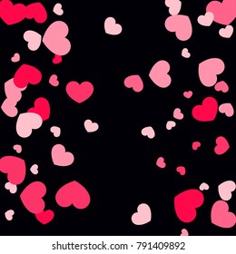 Pink Hearts Random Falling on Black Background. Valentine's Day Pattern. Romantic Scattered Hearts Cute Texture. Love. Sweet Moment. Cards, Banners, Posters, Flyers, Sales, Brochure, Wallpaper.