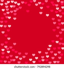 Pink Hearts Random Falling on Red Background. Valentine's Day Pattern. Romantic Scattered Hearts Design Element. Love. Sweet Moment. Gift. Wedding. Anniversary, Birthday. Vector Illustratuion.