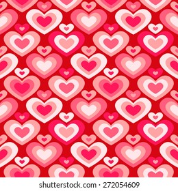 Pink hearts, red background, seamless pattern, print design