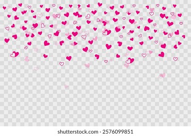 Pink hearts scattered and falling on white isolated background. Valentine's day hearts hand drawn