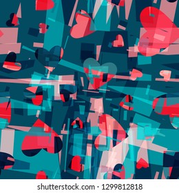 Pink hearts and sea green geometric shapes. Seamless texture. Abstract vector background for web page, banners backdrop, fabric, home decor, wrapping