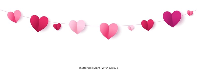 Pink hearts seamless decoration. Valentine's day frame, border. Wedding string ornaments isolated on transparent background. Mother's day garland. For banners, party posters. Vector.