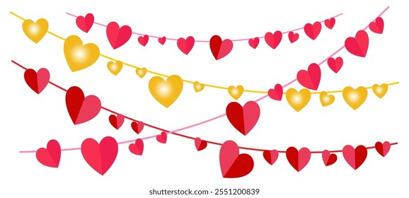 Pink hearts seamless decoration. Valentine's day frame, border. Wedding string ornaments isolated on transparent background. Mother's day garland. For banners, party posters. Vector