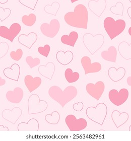 Pink hearts seamless pattern. Romantic and playful scattered heart outlines and solid shapes. Perfect Valentine’s day background for love-themed projects.