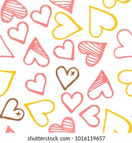 Pink hearts seamless pattern. Scattered little yellow, brown, rose love symbol.  Endlessly repeating fall sketch heart shape on white valentine background. Hand drawing texture. Vector illustration.