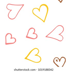 Pink hearts seamless pattern. Scattered little yellow, brown, rose love symbol.  Endlessly repeating fall sketch heart shape on white valentine background. Hand drawing texture. Vector illustration.