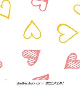 Pink hearts seamless pattern. Scattered little yellow, brown, rose love symbol.  Endlessly repeating fall sketch heart shape on white valentine background. Hand drawing texture. Vector illustration.