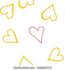 Pink hearts seamless pattern. Scattered little yellow, brown, rose love symbol.  Endlessly repeating fall sketch heart shape on white valentine background. Hand drawing texture. Vector illustration.