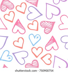 Pink hearts seamless pattern. Scattered little blue, lilac love symbols.  Endlessly repeating falling sketch heart shape on white valentine background. Hand drawing texture. Vector illustration.