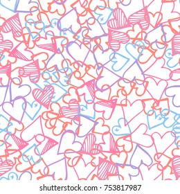 Pink hearts seamless pattern. Scattered little blue, lilac love symbols.  Endlessly repeating falling sketch heart shape on white valentine background. Hand drawing texture. Vector illustration.