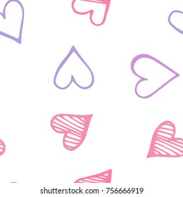 Pink hearts seamless pattern. Scattered little blue, lilac love symbols.  Endlessly repeating falling sketch heart shape on white valentine background. Hand drawing texture. Vector illustration.