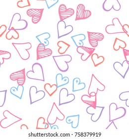 Pink hearts seamless pattern. Scattered little blue, lilac love symbols.  Endlessly repeating falling sketch heart shape on white valentine background. Hand drawing texture. Vector illustration.