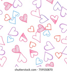 Pink hearts seamless pattern. Scattered little blue, lilac love symbols.  Endlessly repeating falling sketch heart shape on white valentine background. Hand drawing texture. Vector illustration.