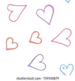 Pink hearts seamless pattern. Scattered little blue, lilac love symbols.  Endlessly repeating falling sketch heart shape on white valentine background. Hand drawing texture. Vector illustration.