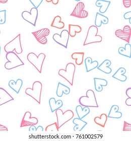 Pink hearts seamless pattern. Scattered little blue, lilac love symbols.  Endlessly repeating falling sketch heart shape on white valentine background. Hand drawing texture. Vector illustration.