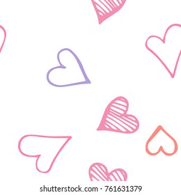 Pink hearts seamless pattern. Scattered little blue, lilac love symbols.  Endlessly repeating falling sketch heart shape on white valentine background. Hand drawing texture. Vector illustration.