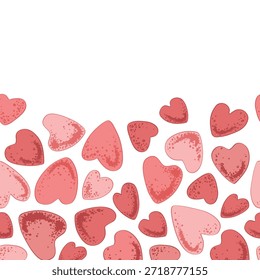 Patrón transparente de corazones rosados. Elemento de diseño Horizontal del marco del borde del día de San Valentín. Vector aislado ilustración.