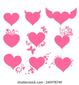 Pink hearts set isolated on red background. Happy valentine day decor. Vector illustration 