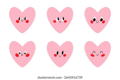 Pink hearts set with joyful faces and glossy cartoon eyes in flat vector. Use for romantic icons, sweet characters, and kawaii designs.