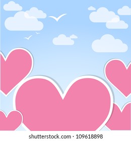 Pink hearts in the sky. Vector