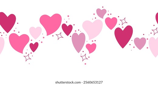 Pink hearts with stars on a white background. Seamless border. Valentine's Day. Vector illustration.