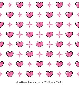 Pink Hearts and Stars Seamless Pattern on White Background. Valentine’s Day Ideas