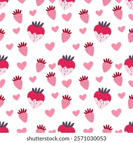 Pink hearts and strawberries, Valentine's Day, Scandinavian style, perfect for fabric, wrapping paper, textiles, baby bedding, wallpaper, pajamas.