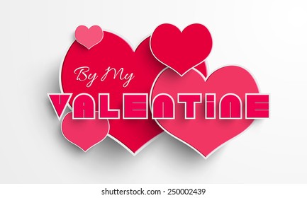 Pink hearts with text By My Valentine for Happy Valentine's Day celebration on shiny white background.