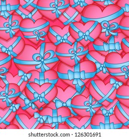 Pink hearts tied with blue ribbon bows as seamless vector pattern texture background