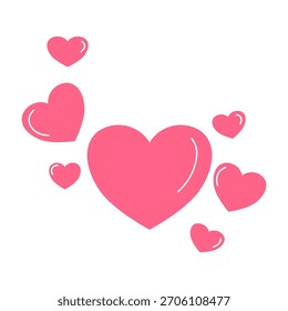 Corações rosa de tamanhos variados flutuam sobre um fundo branco. Design simples e limpo transmite amor, afeto e romance. Ideal para o Dia dos Namorados, casamentos ou expressão de cuidados.