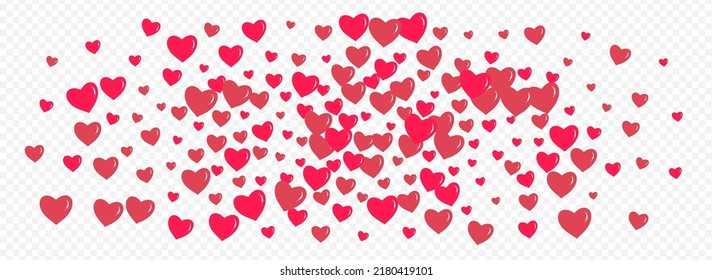 Pink Hearts Vector Panoramic Transparent Backgound. Love Heart Border. Burgundy Fly Confetti Illustration.