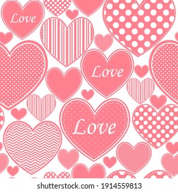 Pink hearts, vintage vector seamless pattern, love, romantic, Valentines day theme, template for textile, wallpaper, wrapping paper.