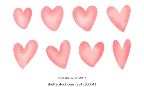 Pink Hearts watercolor hand drawn isolated on white background, illustration Vector EPS 10