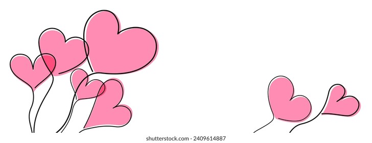 Pink hearts, wavy line art drawing on white background. Happy Valentine's day header or banner or letter template. Vector illustration