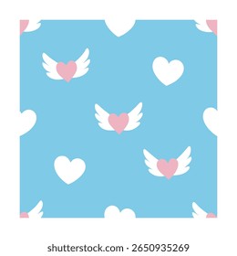 Pink Hearts and White Wings Seamless Background