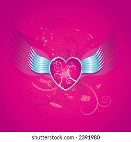 pink hearts with wings on pink background