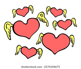 Pink hearts with yellow wings on a white background