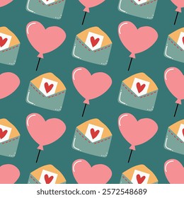 Pink heart-shaped balloons and open envelopes containing letters with a red heart on them. Perfect for romantic messages and Valentine's day crafts. Vector seamless pattern on teal background.