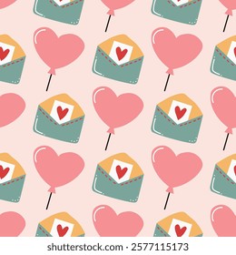 Pink heart-shaped balloons and open envelopes containing letters with a red heart on them. Perfect for romantic messages and Valentine's day crafts. Vector seamless pattern on light pink background.