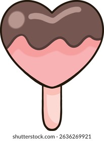 Pink heart-shaped chocolate ice cream topped with chocolate sauce on a popsicle stick.