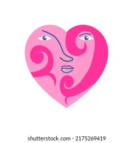 pink heart-shaped female face with floral ornament, love art