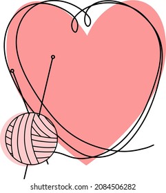 Marco rosa en forma de corazón con un lugar vacío para insertar, para el trabajo de agujas, tejido con una bola y agujas de punto, dibujar con una línea