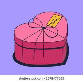 Pink heart-shaped gift box tied with a ribbon, featuring a yellow tag, set against a solid purple background. Romantic and festive concept. Vector illustration