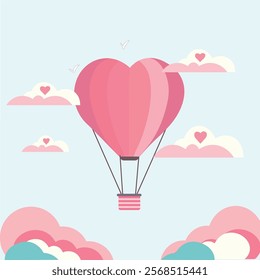 Pink heart-shaped hot air balloon in flat cartoon design, perfect for Valentine’s Day, weddings, and festive themes. Ideal for journeys, air transport illustrations