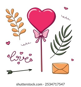 A pink heart-shaped lollipop with a bow, surrounded by leaves, a branch, and a love letter envelope. a set of isolated elements for birthday, February 14th, and other holidays